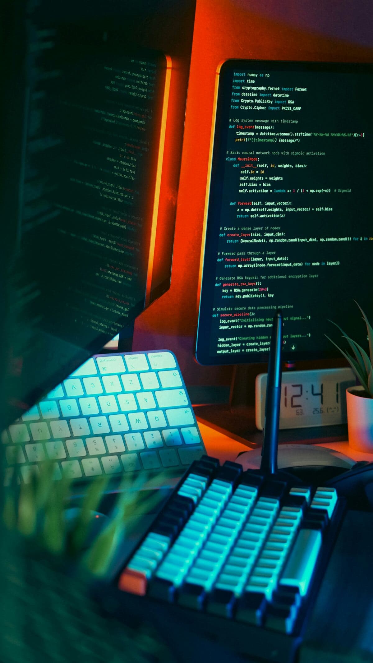 Code on a monitor above a lit keyboard